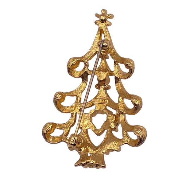 Monet Christmas Tree Pin Brooch Rhinestone Brushed Gold Signed Vintage - Picture 3 of 5